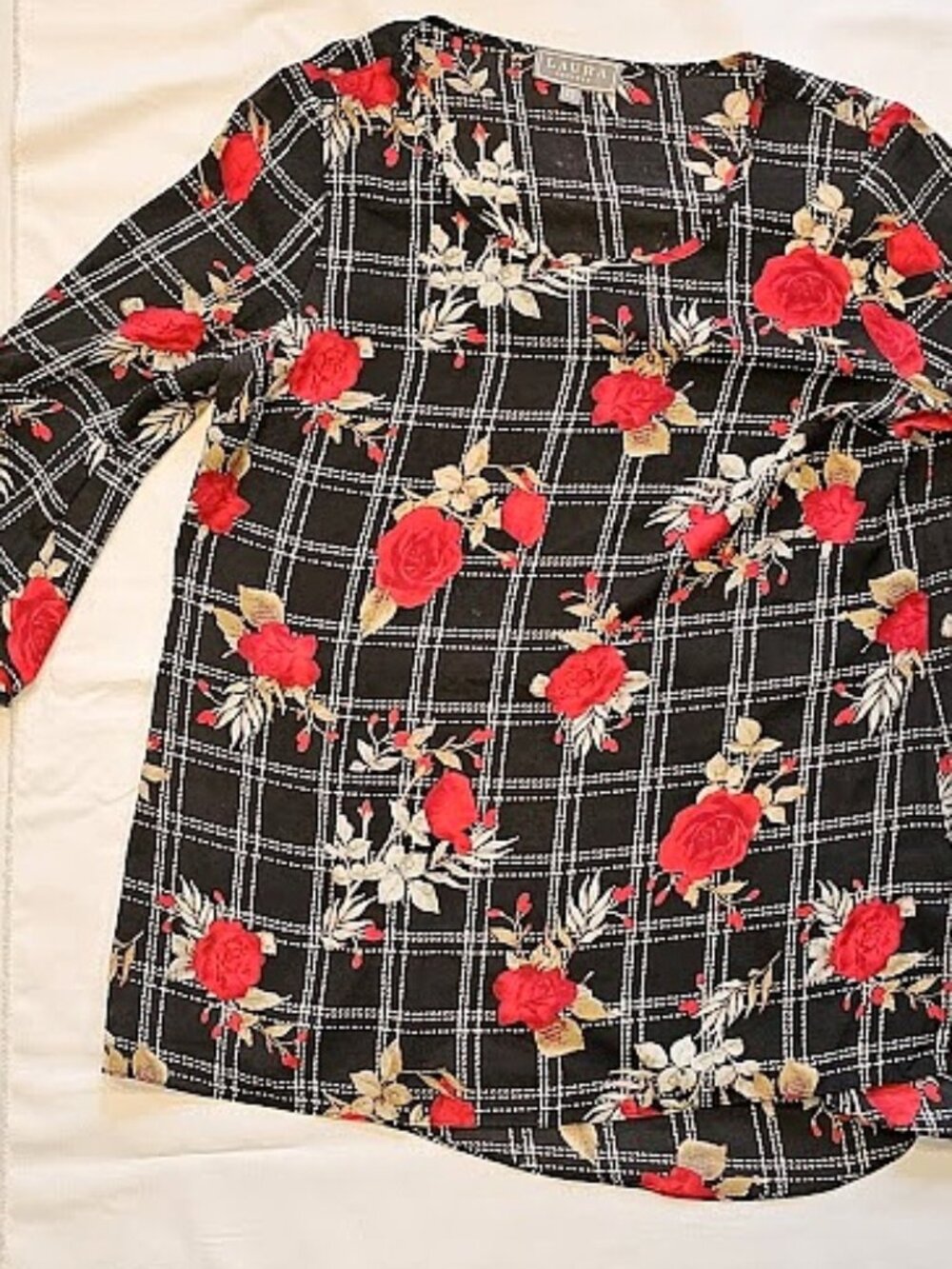 Laura Petites XS Black Plaid Floral Blouse Top Red Roses 3/4 Sleeve